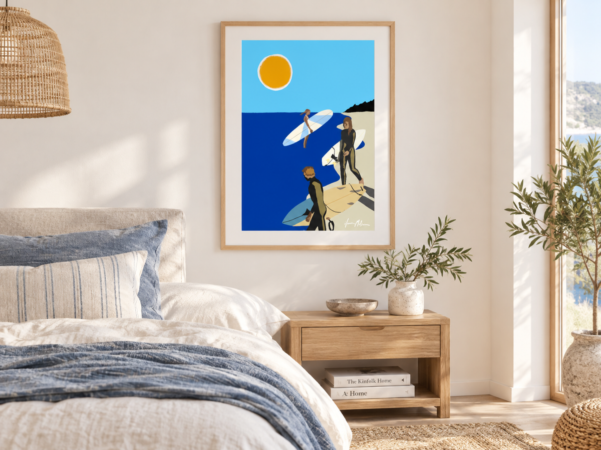 Wave Kids contemporary surf art print by Ilana McBain displayed in a relaxed modern bedroom