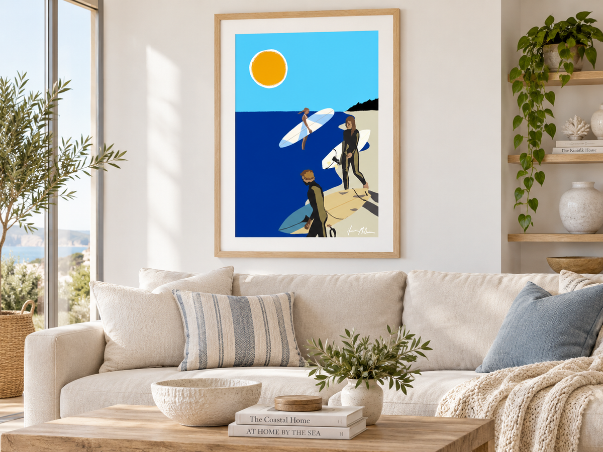Wave Kids contemporary surf art print by Ilana McBain displayed in a bright modern living room