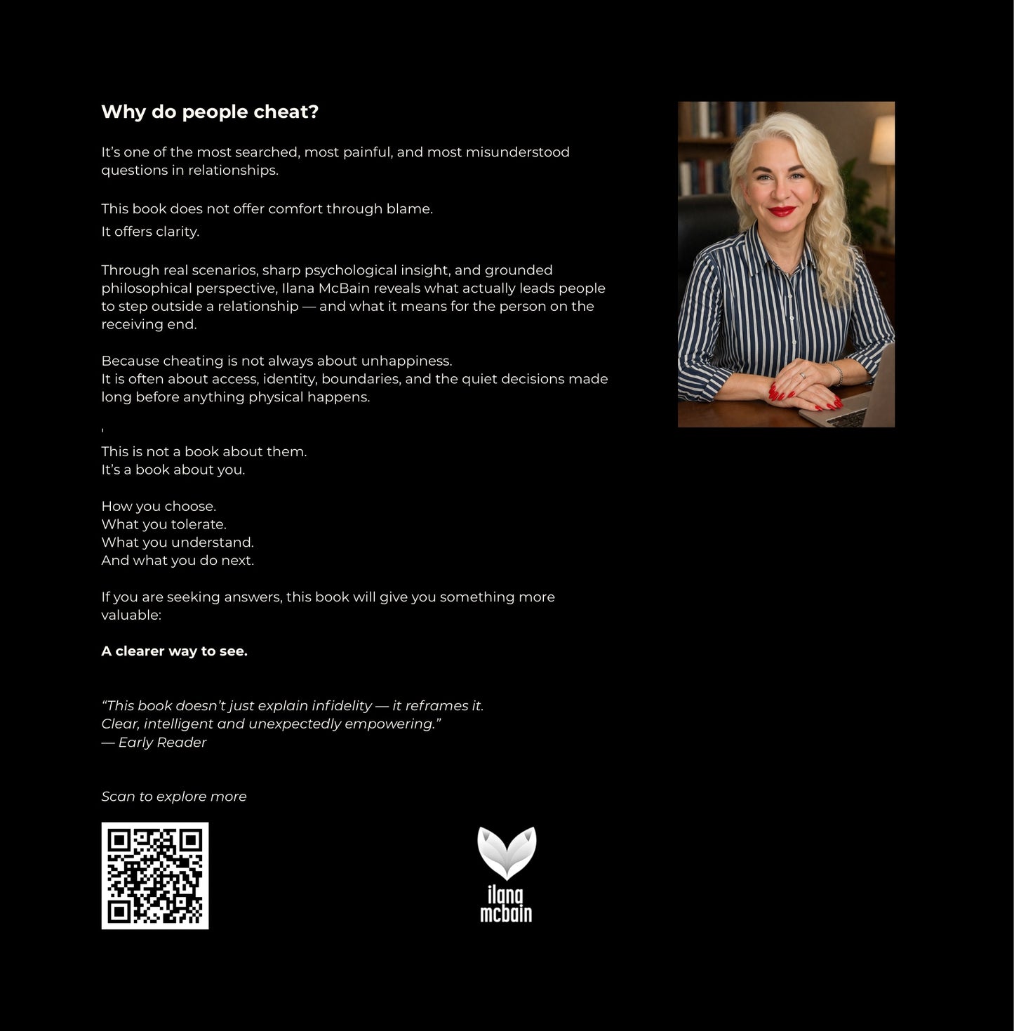 Back cover of Why Partners Cheat book by Ilana McBain featuring relationship psychology insights, infidelity themes, and author portrait
