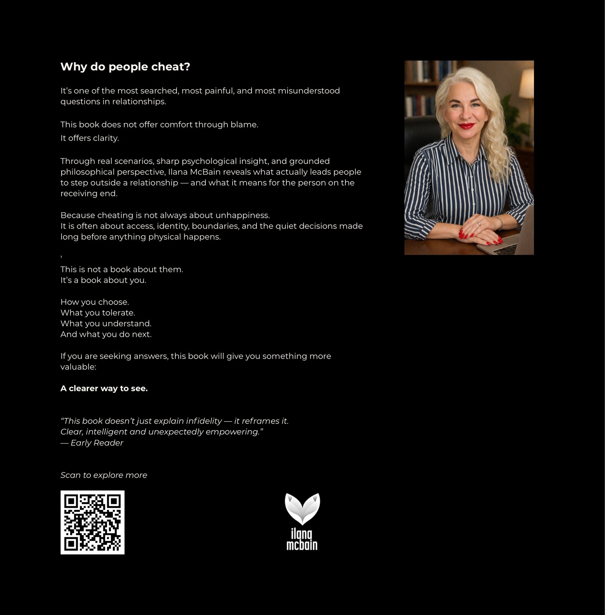 Back cover of Why Partners Cheat book by Ilana McBain featuring relationship psychology insights, infidelity themes, and author portrait
