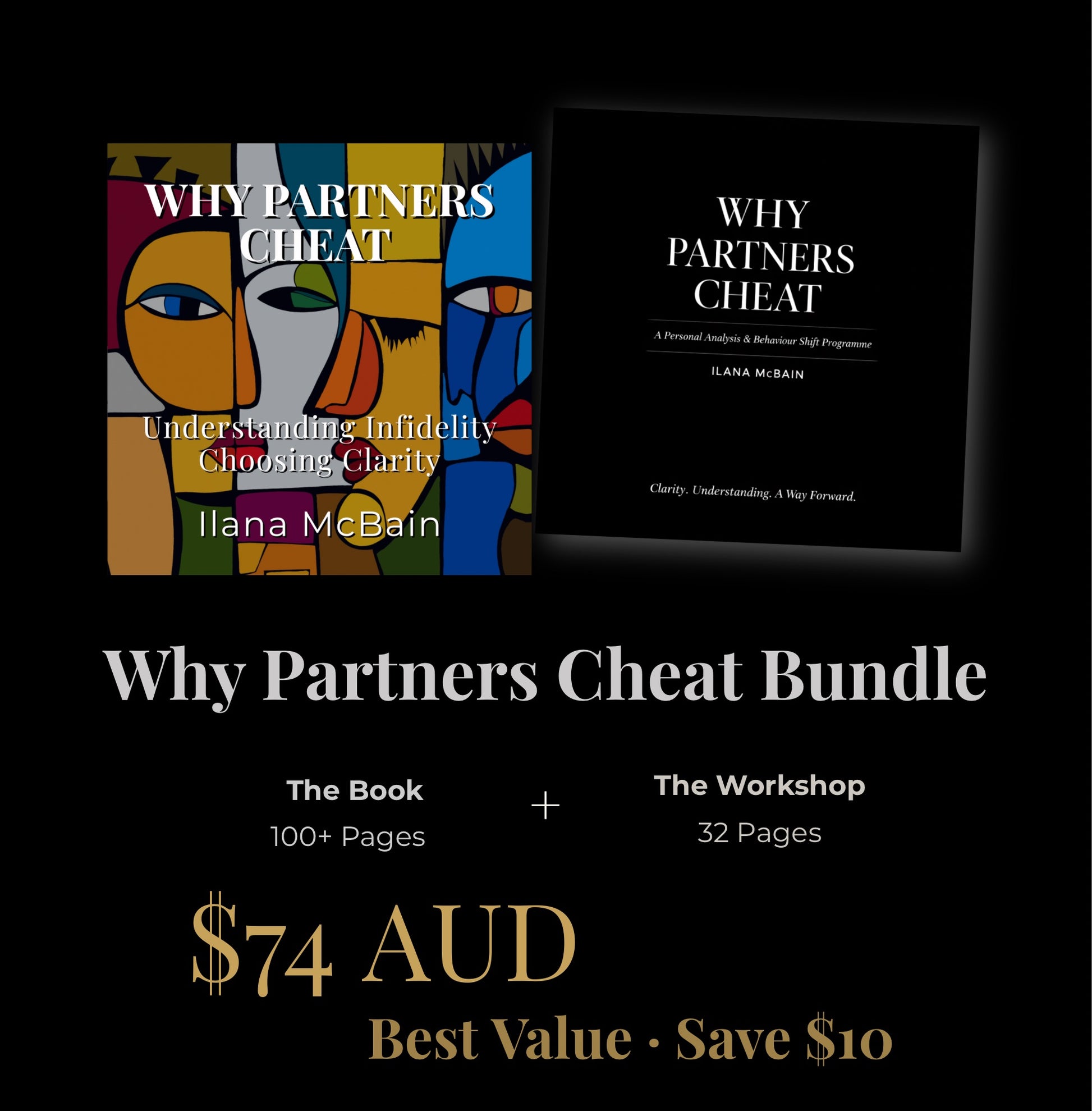 Why Partners Cheat bundle by Ilana McBain featuring book and digital workbook for understanding infidelity, emotional clarity and relationship insight