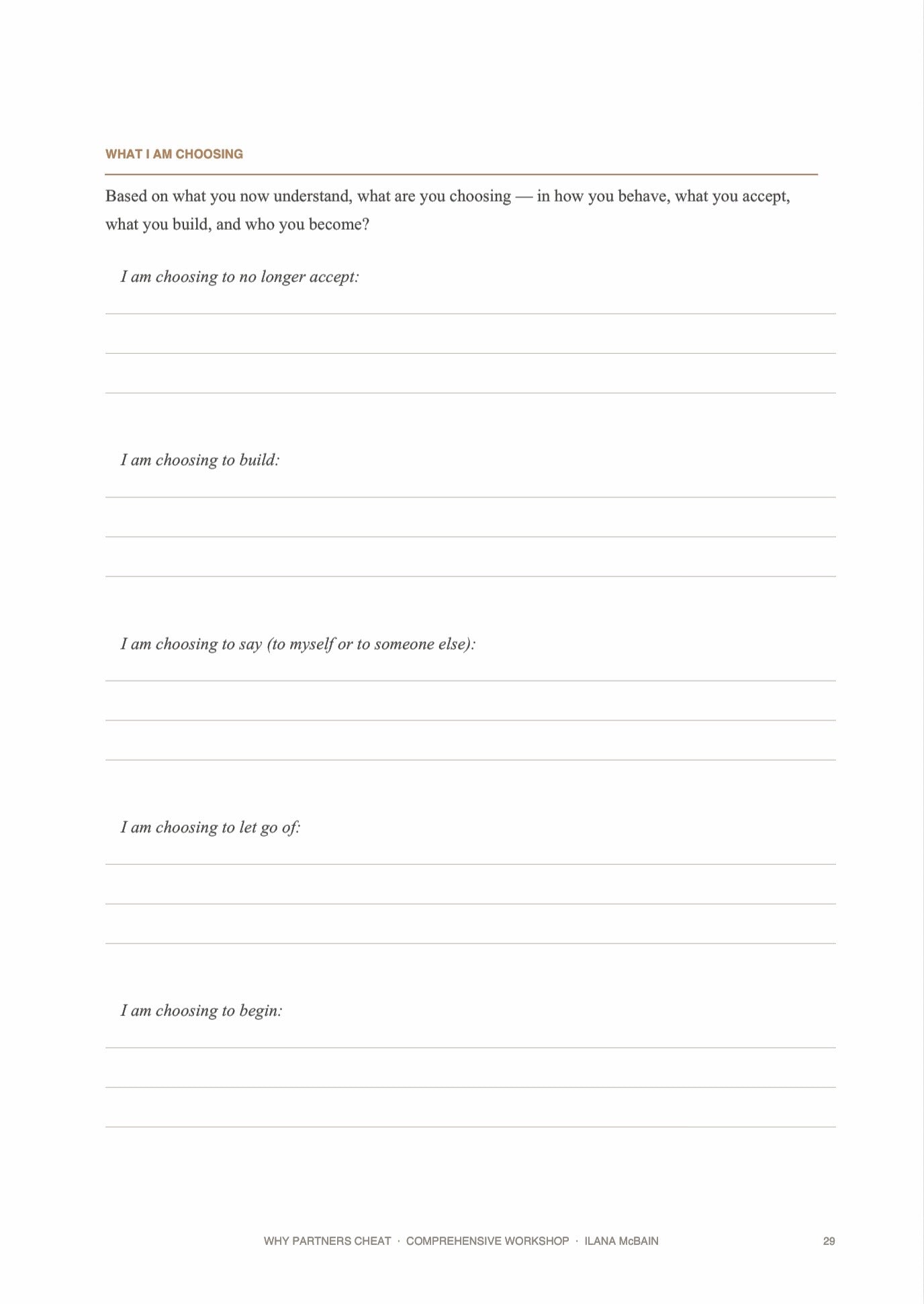 Why Partners Cheat Workshop — behaviour shift plan, what I am choosing after betrayal, infidelity recovery programme by Ilana McBain