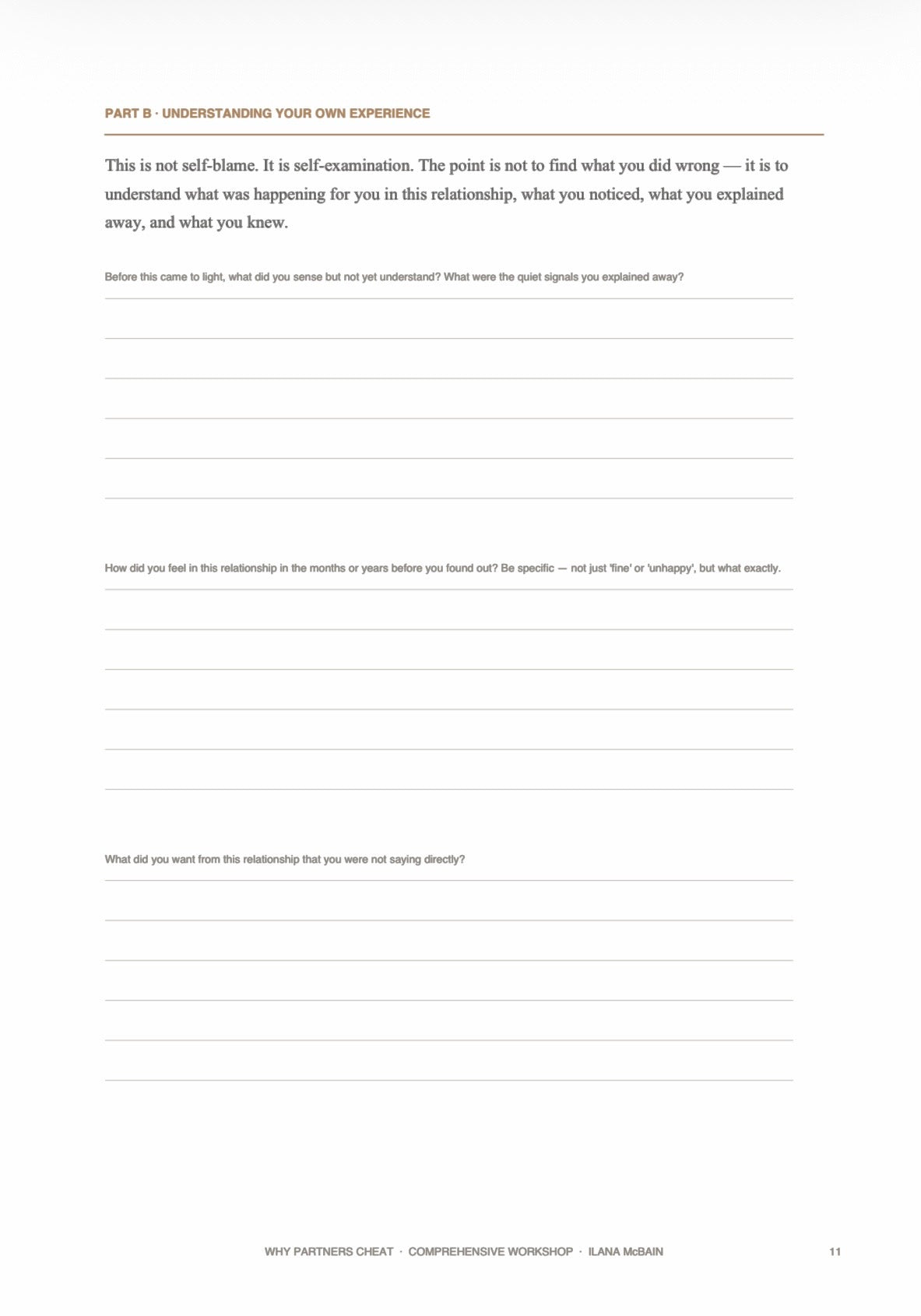 Why Partners Cheat Workshop — Part B self-examination questions for understanding your own experience after infidelity by Ilana McBain
